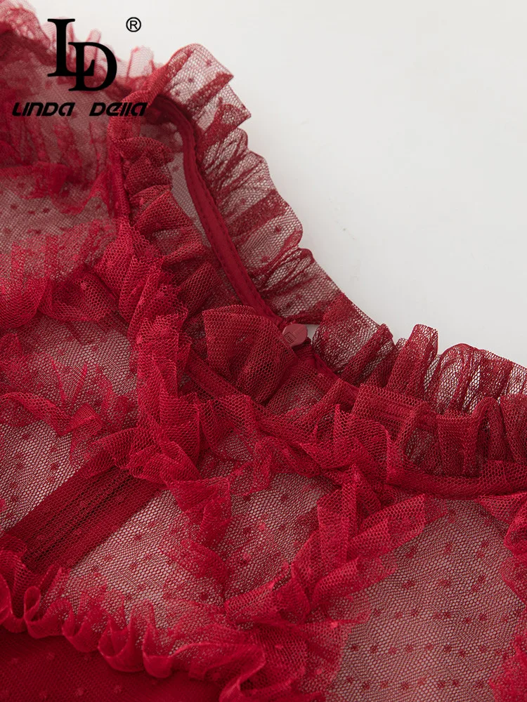 Imagem -03 - Linda Della Verão Designer de Moda Elegante Vestido de Festa Feminino Vermelho Plissado Manga Cintura Alta Amassado Ponto Renda Vestido Longo ld