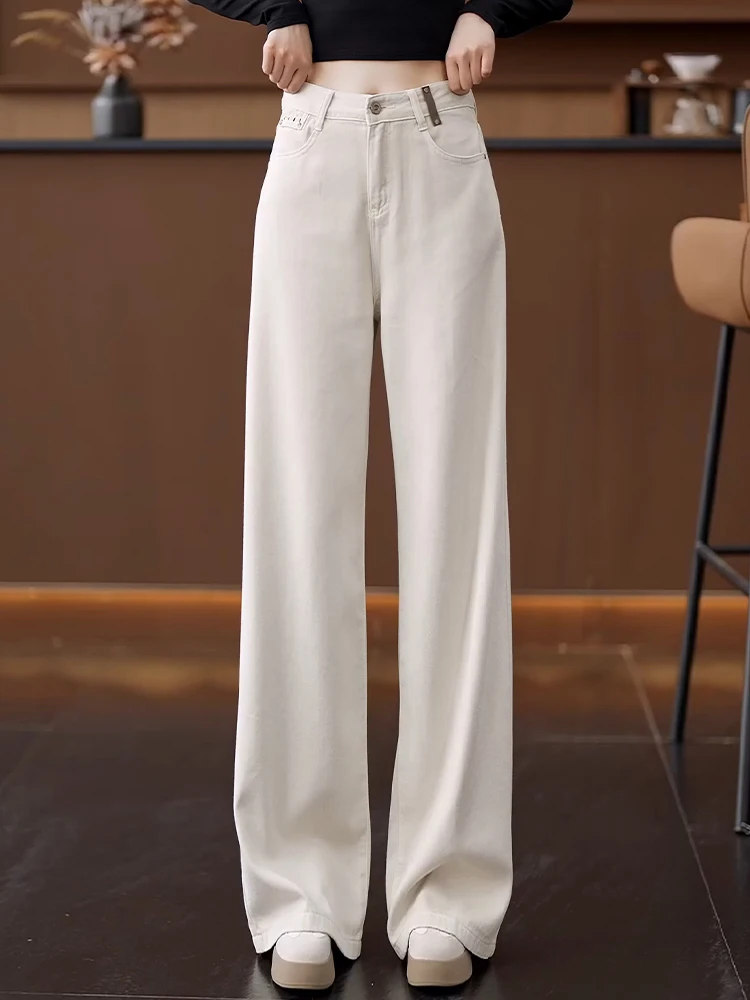 

High Waist Wide Leg Jeans Women's Loose Straight Cut Trousers Spring Autumn Fashion Trend Khaki Color Comfortable Breathable