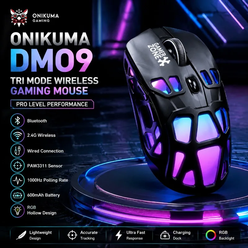 ONIKUMA DM09 Wireless Gaming Mouse Tri Mode Bluetooth 2.4G Wired PAW3311 Sensor 1000Hz RGB Hollow Rechargeable Charging Dock