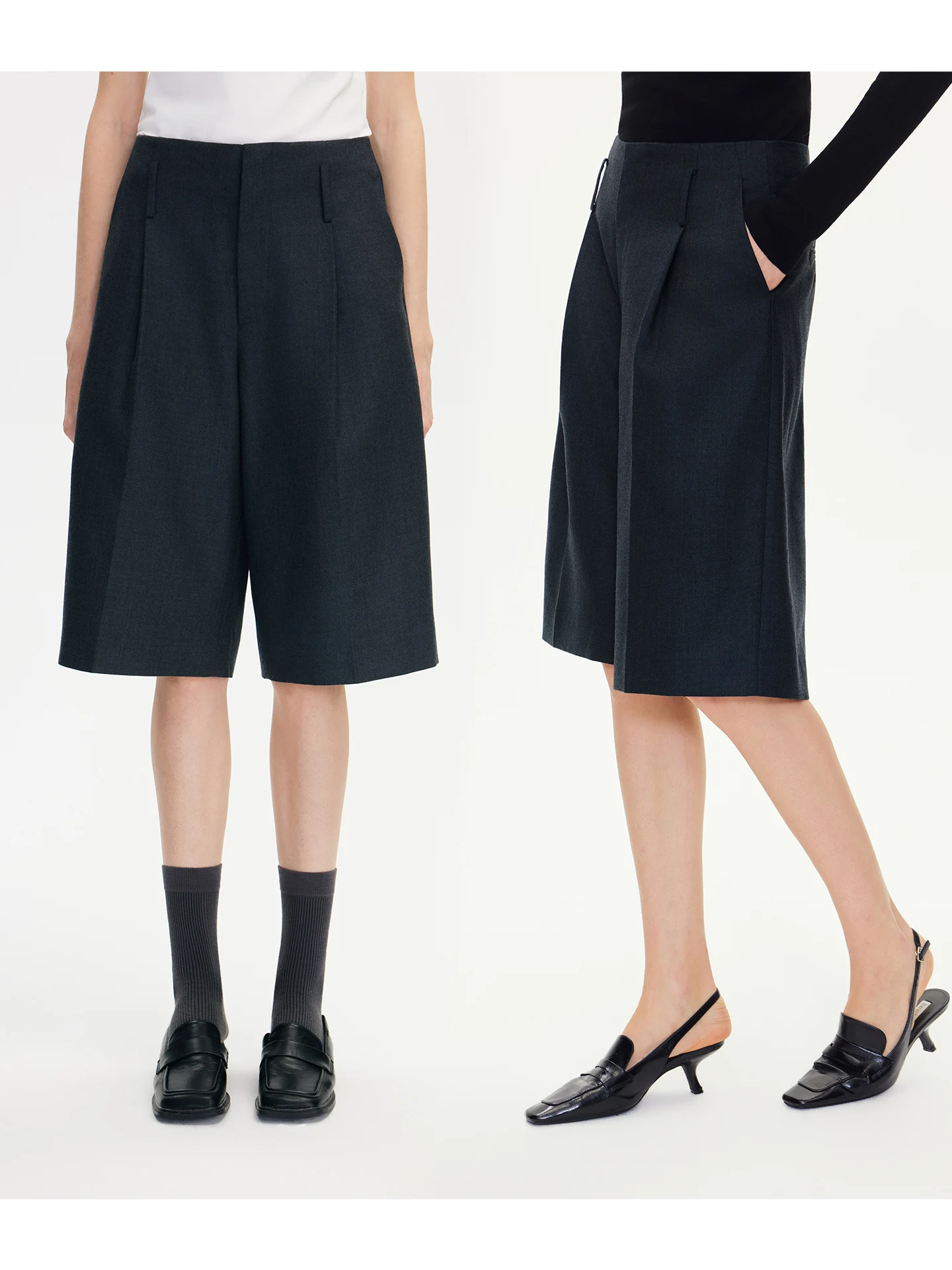 

River Merino Spun Wool Blend Pleated Wide Leg Mid-Length Pants mat Sle Women's Casual Trousers