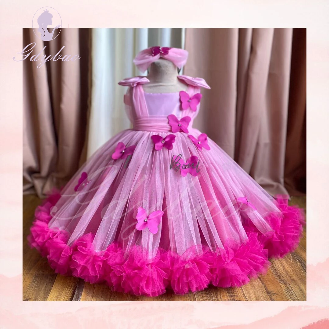 Pink Purple Pleated Flower Girl Dress For Wedding Applqique Puffy Princess Pageant Kids Baby Birthday First Communion Ball Gown