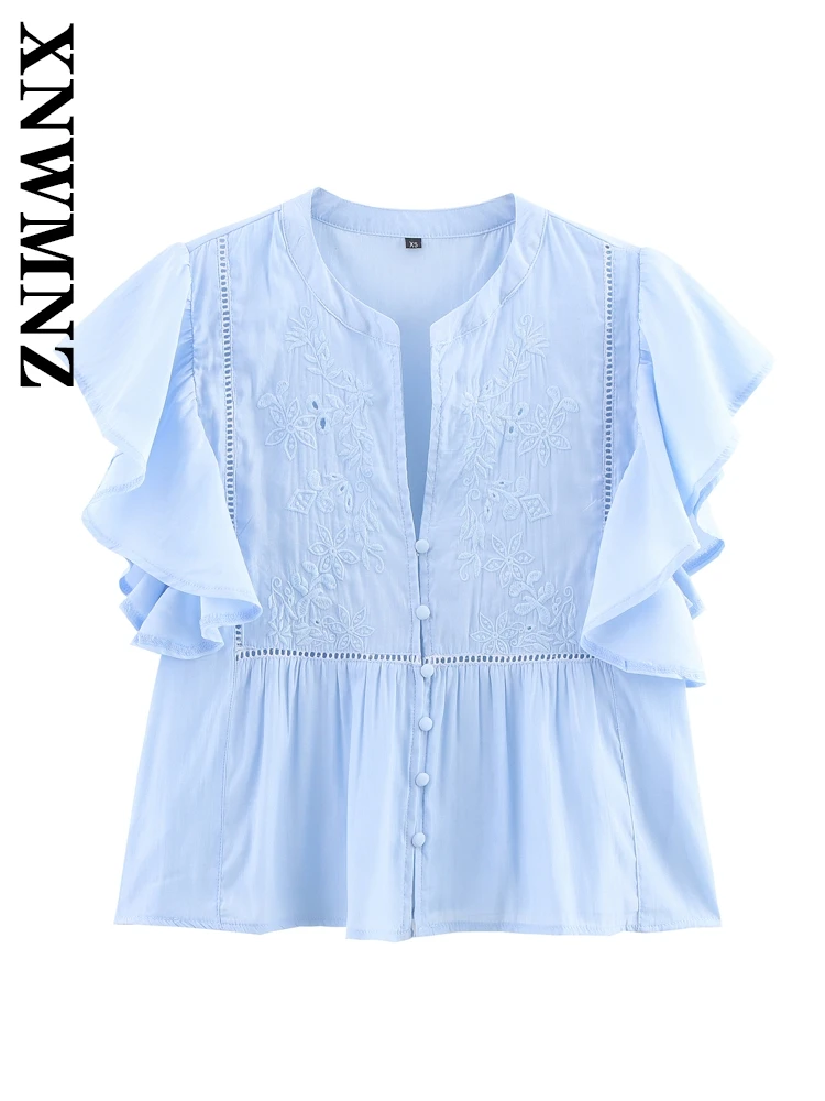 

XNWMNZ 2025 Summer Woman Simple Chic O-Collar Tierred Top Fashion Commuting Lady Blue Short Sleeve Casual Thin Short Sleeve Top