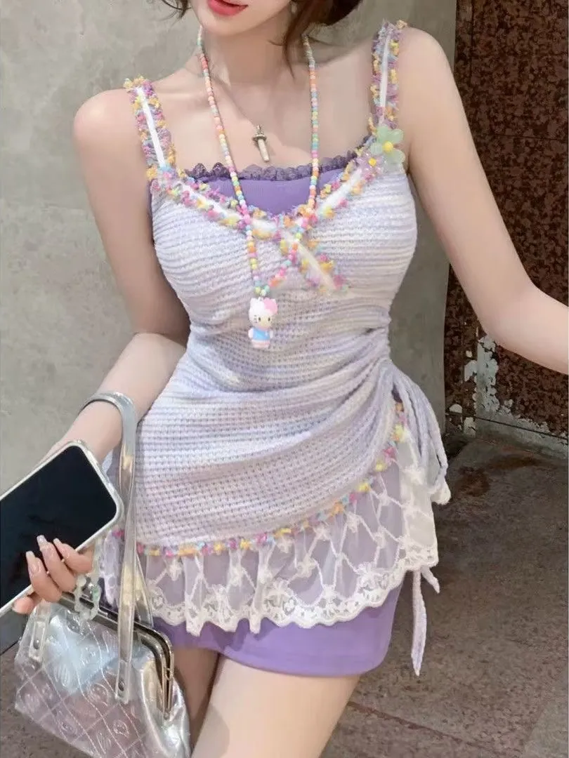 

Summer Slimming Purple Crop Top And Skirt Set Women's Sweet Sle Two-Piece Suit Hot Girl Strap Dr A-Line Dr