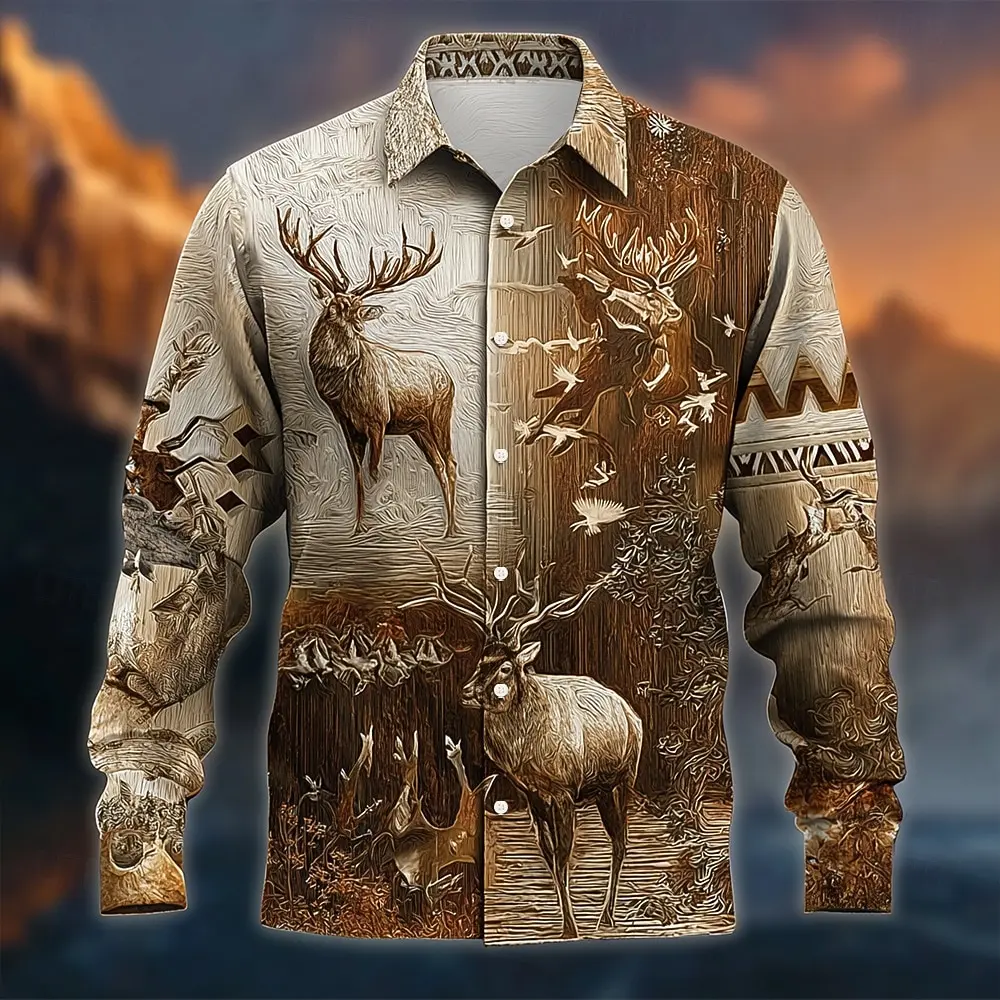 

3D Printed Forest Elk Men's Long Sleeve Shirts Autumn Winter Button Lapel Casual Shirt Outdoor Jungle Adventure Deer Hunter Tops