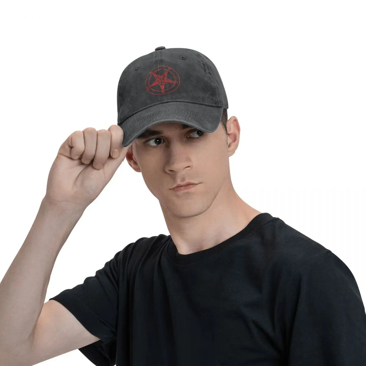 Red Baphomet Baseball Caps Distressed Denim Sun Cap Hellfire Club Pentagram Church Of Satan Activities Adjustable Fit Caps Hat