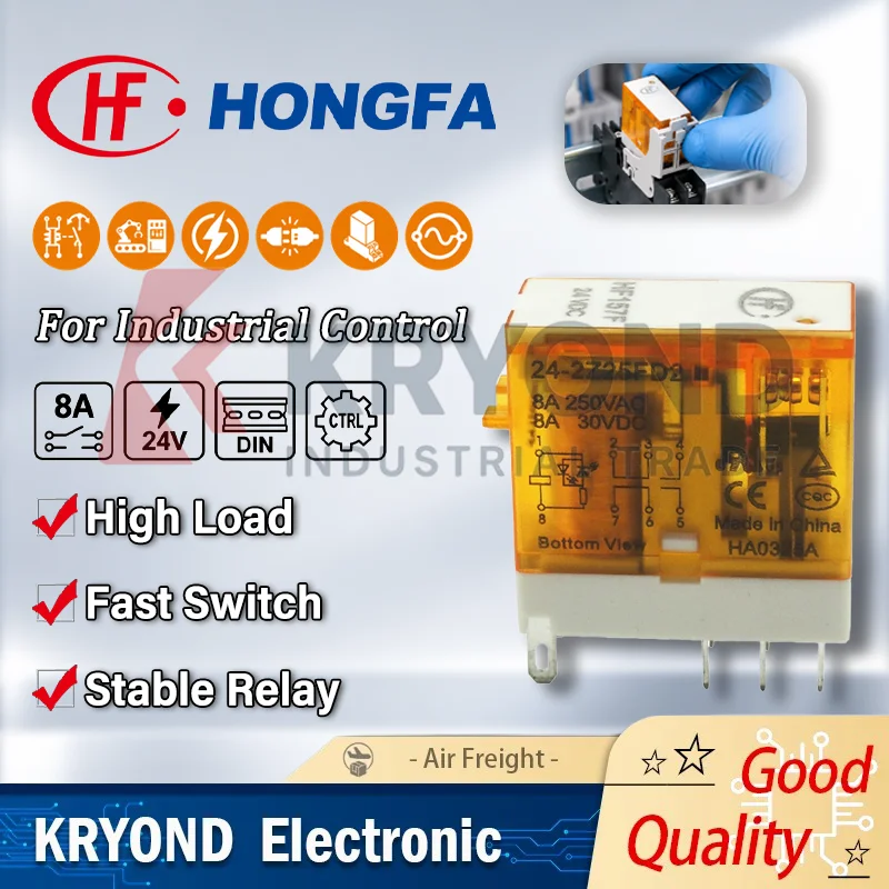 HONGFA HF157F-24-2Z25FD2 Electromagnetic Relay 24VDC 8A 8 Pin DPDT Power Industrial Control Component Automation Equipment Unit