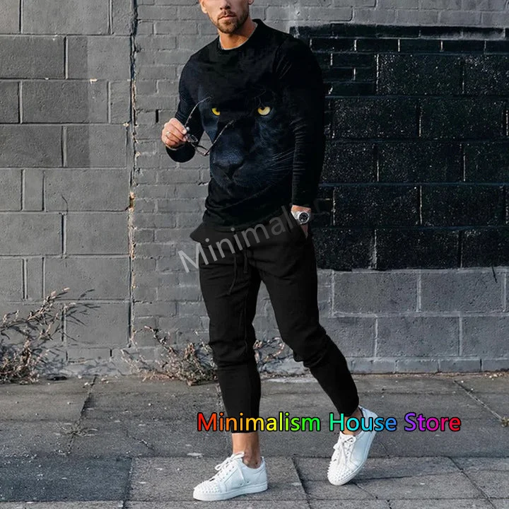 2024 Heren Sets Dierenpatroon Leeuw 3d Bedrukt Lange Mouwen T-Shirt + Broek O-hals Sweatshirt Jogger Sportkleding 2 Delig Pak