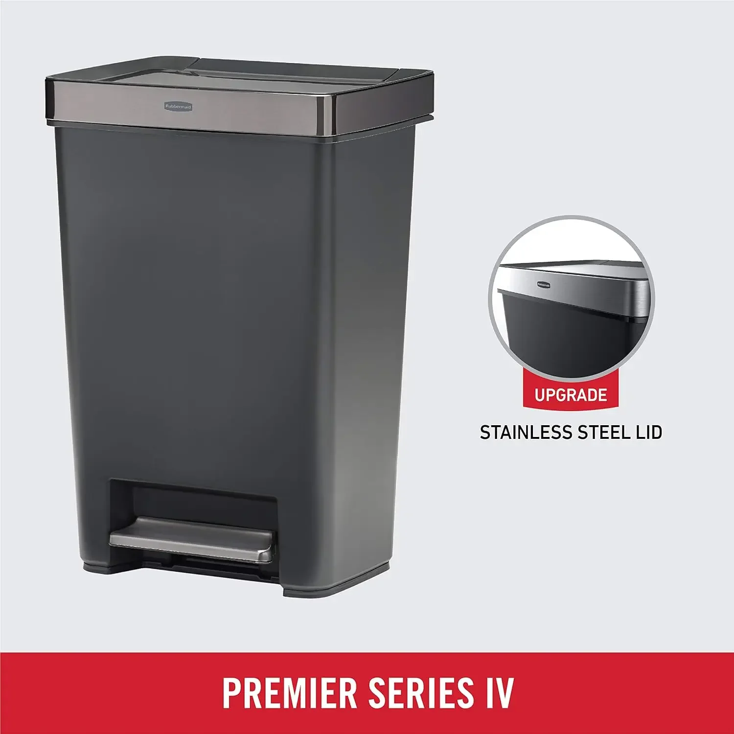 Rubbermaid Premier Series IV Step-On Trash Can for Home and Kitchen, with Stainless Steel Lid, 12.4 Gallon, Charcoal