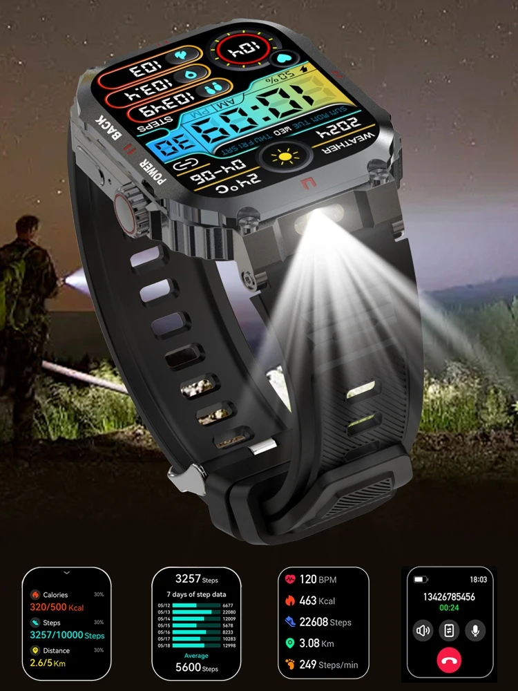 2026 Neue Outdoor-Sport-Smartwatch LED-Armbandleuchte Schlafüberwachung Hochauflösender Farbbildschirm Bluetooth-Anruf Smartwatch für Herren