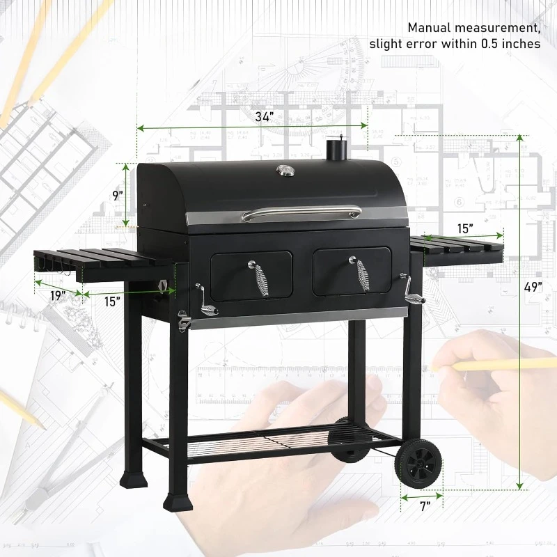 Extra Large Charcoal BBQ Grill with Oversize Cooking Area, Outdoor Cooking Grill with 2 Individual Lifting Charcoal Trays