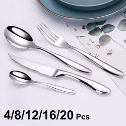 Silver Cutlery 4/8/12/16/20Pcs Stainless Steel 304 Tableware Mirror Gold Dinner Set Western Knife Fork Spoon Flatware