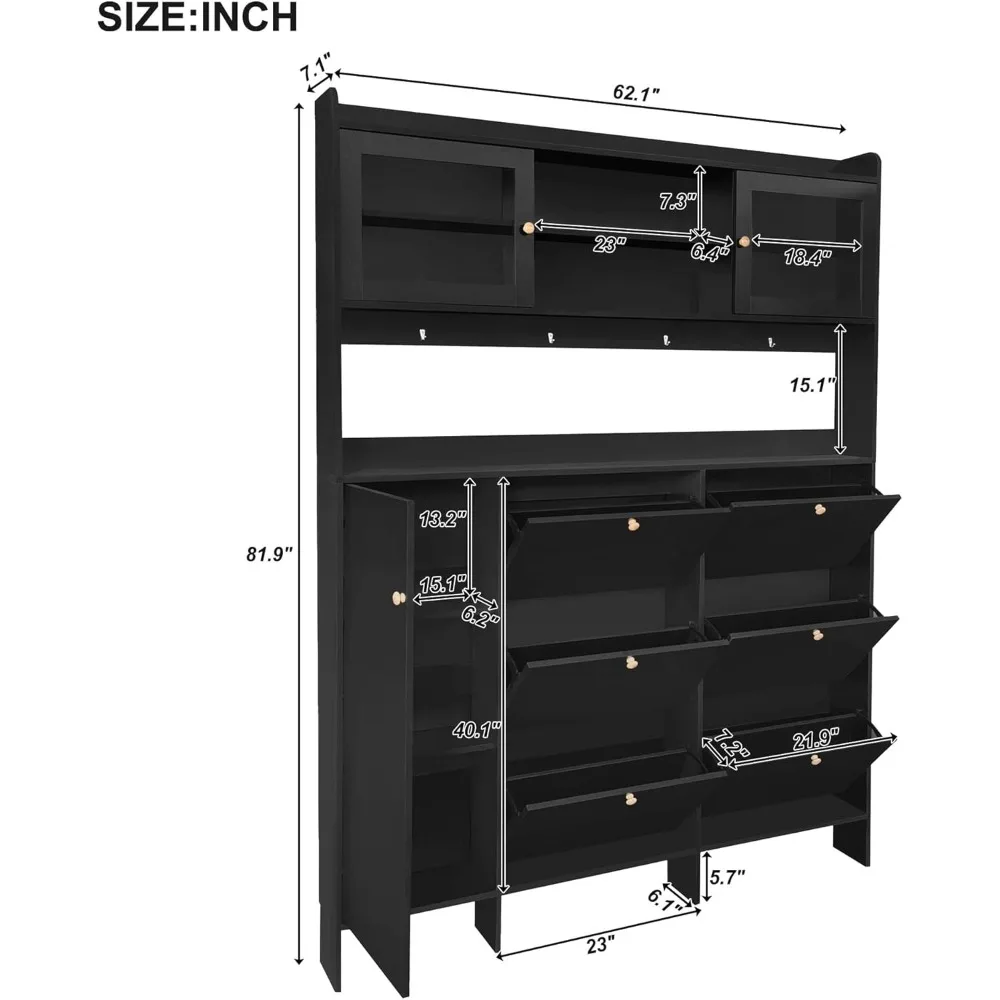 Entryway Shoe Storage Cabinet with Shelf & 6 Flip Drawers, Large Hall Tree 4 Hooks for Hallway, Multi-Functional Tall Tempered