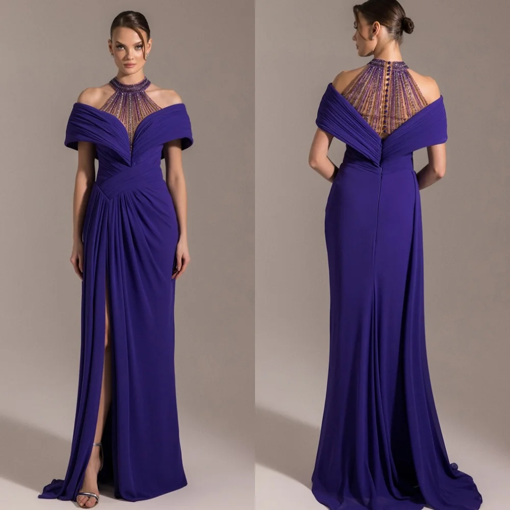 

Customized Simple Blue-purple Jersey Evening Dress Classic Crew Neck Off the Shoulder Short Sleeves Buttons Back Cocktail Dress