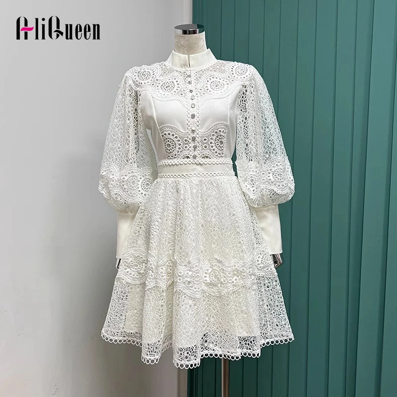 

Runway Women Stand Neck Embroidery Hollow Out Lace Dress Elegant Small Fragrance Long Lantern Sleeve Midi Dresses Party Vestidos