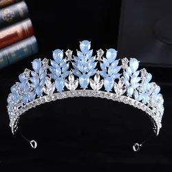 Luxury Blue Opal Crystal Flowers Water Drop Tiaras Crowns Women Headbands Wedding Party Elegant Pageant Diadem Hair Accessories