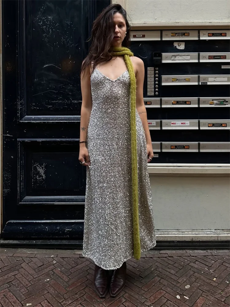 

Tossy Silvery Sequin Fashion Long Dress Women's Backless Slim High Waist Patchwork Elegant Party Dress Female Glitter Maxi Dress