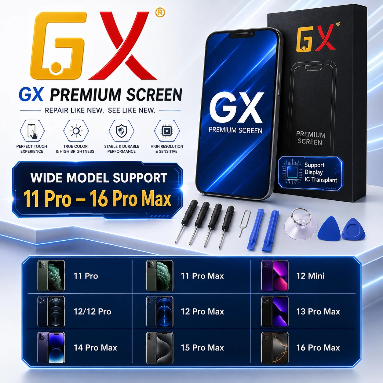 GX OLED Screen Assembly For iPhone 11 12 13 14 15 16 Pro Max Plus Mini Display Digitizer Replacement
