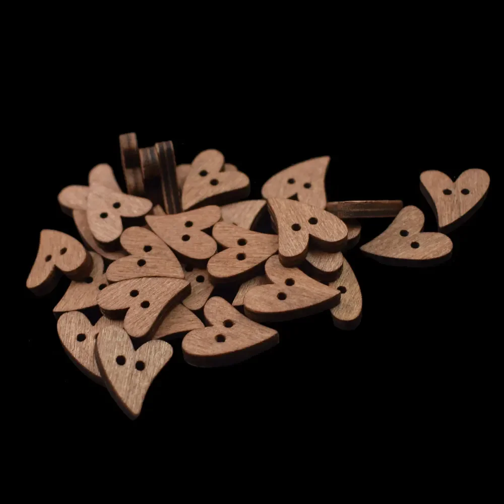 100 Uds. Botones de costura de madera en forma de corazón de 20MM Scrapbooking DIY botón de 2 agujeros de madera marrón para manualidades accesorios de álbum de recortes