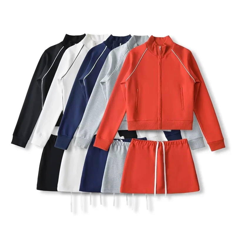 Zip Up Sweat and Mini Skirt Set for Women, Contrast Piping Detail, Co-ord