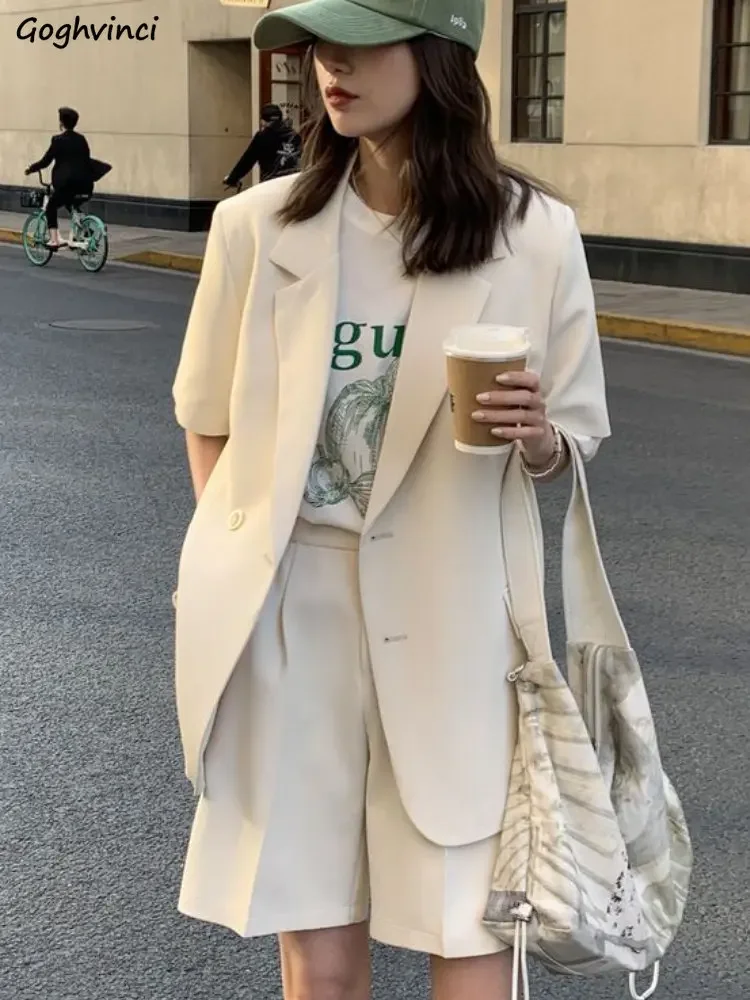 

S-3XL женские комплекты однотонные шорты пиджаки с короткими рукавами простые летние тонкие Ulzzang уличная одежда повседневные свободные карманы универсальная мода