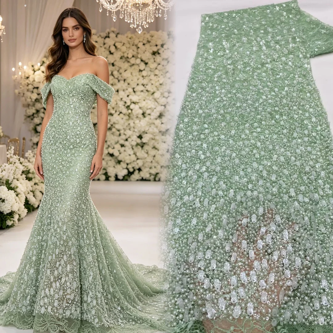 

Fashion Gold French Mesh Beads Embroidery Sequins Lace Fabric African Nigerian Groom Lace Fabric For Wedding Dress Women