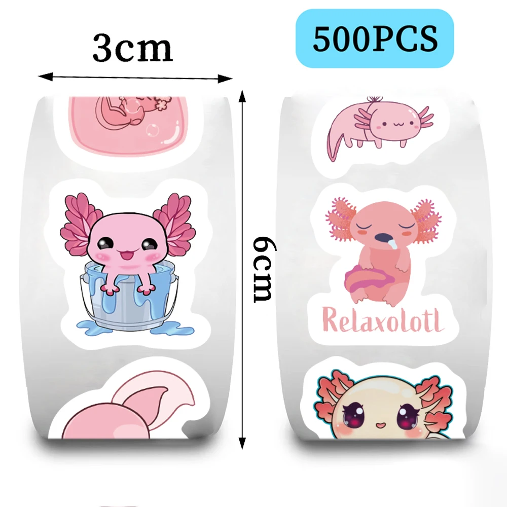 Pegatinas de dibujos animados Axolotl para niños, etiqueta de recompensa para niños, decoración de álbumes de recortes, papelería, animales, juguetes adhesivos, 500 piezas