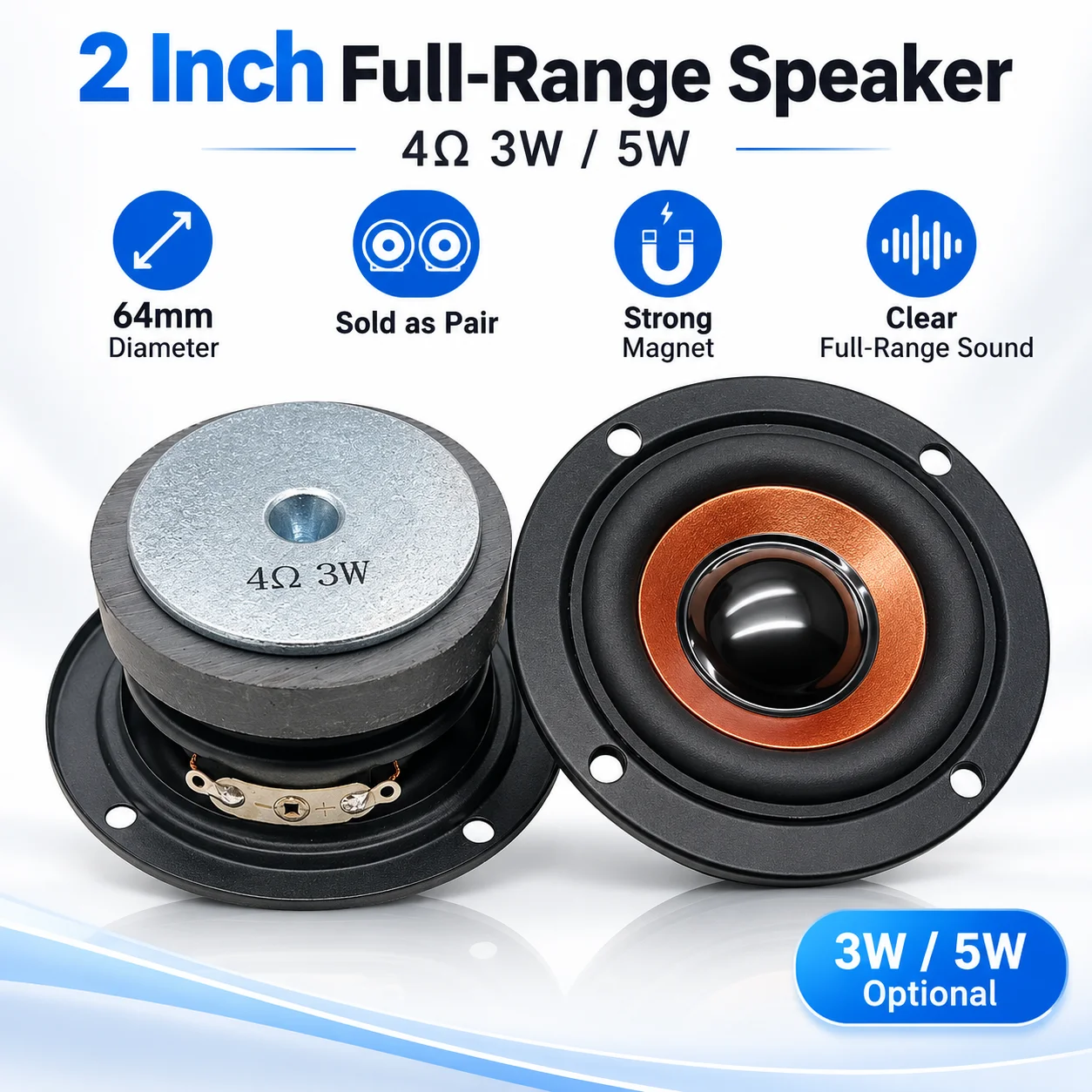 2Pcs 64mm 2 Inch 4Ohm 3W/5W Full Range Speaker Driver Bass Loudspeaker for Alarm Clock Ambient Light DIY Audio