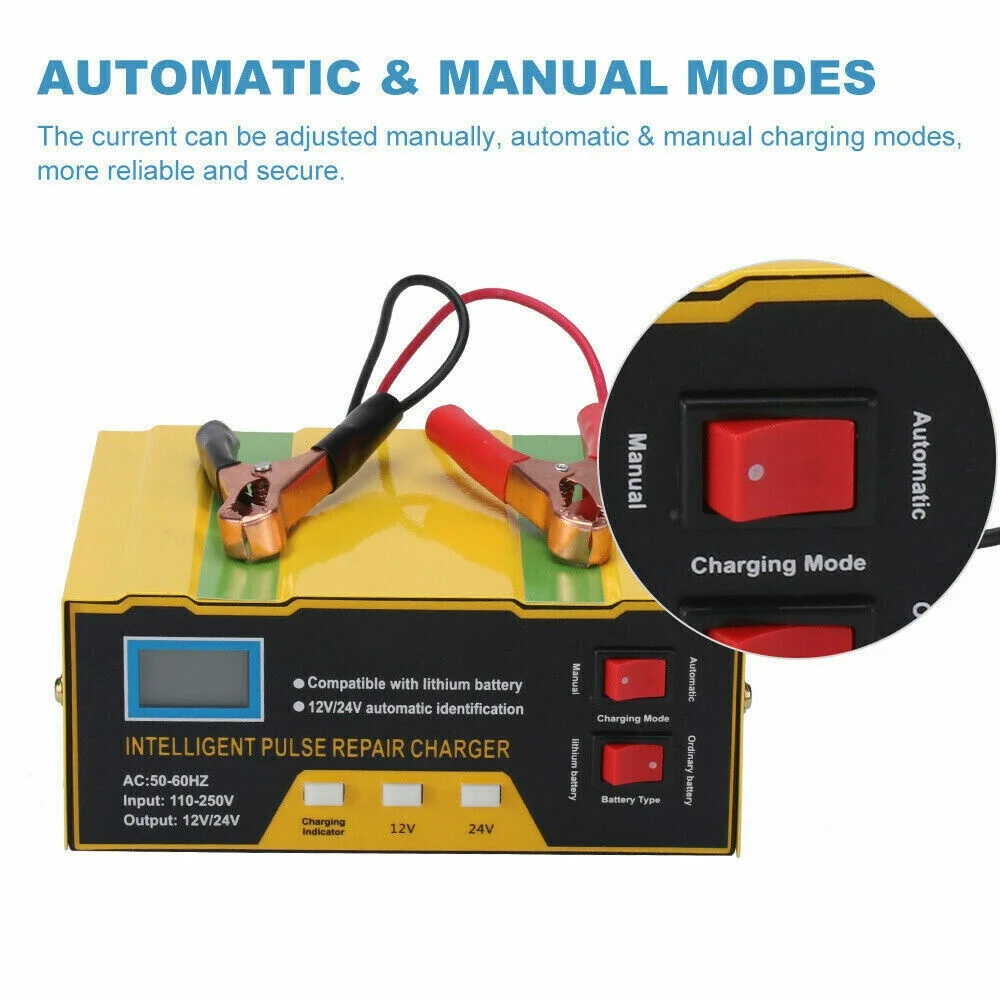 Car Battery Charger EU US AU 12V 24V Intelligent Pulse Repair Charge Device LCD Display for Leadacid Lithium Battery for Motor