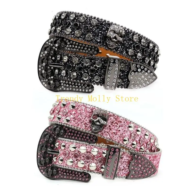 أحزمة N5KB بإبزيم على شكل جمجمة ماسية لعشاق ثقافات الشوارع وحزام خصر مزين بالترتر #2