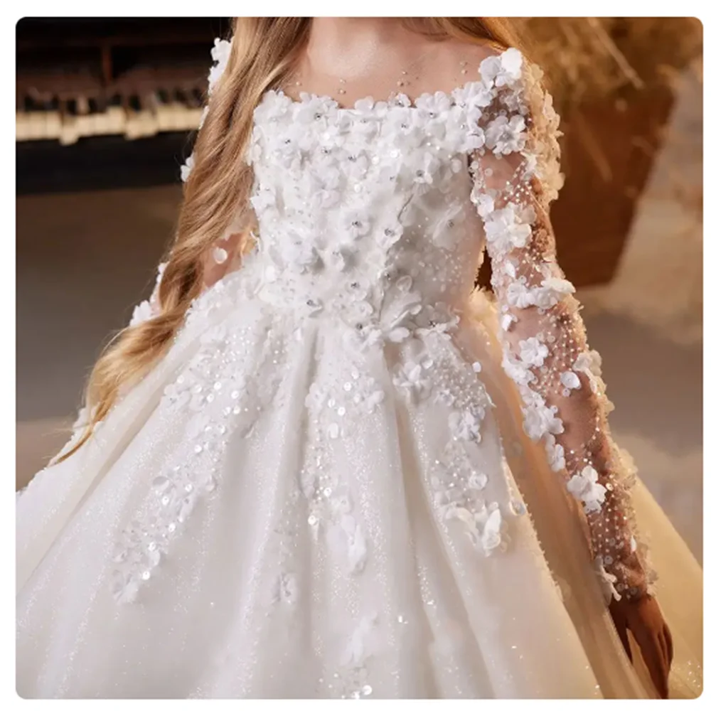 Luxo 3D White Flower Girl Dress, elegante vestido de princesa para crianças, festa de aniversário para casamento, primeira comunhão