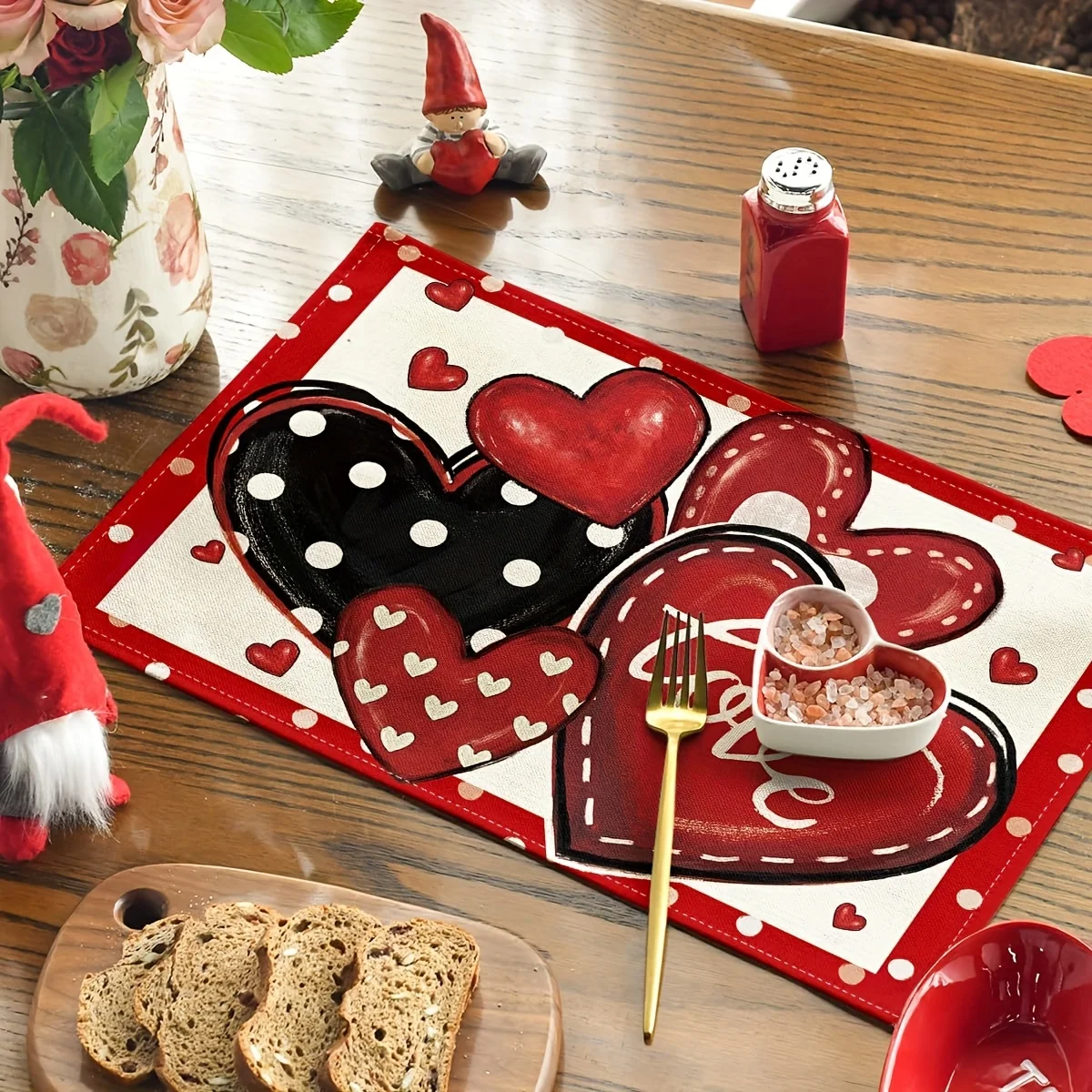 Red Valentine's Day Heart Placemats Polka Dot Polyester Placemats Decorative Placemats Suitable For Anniversary Couple 30x40cm