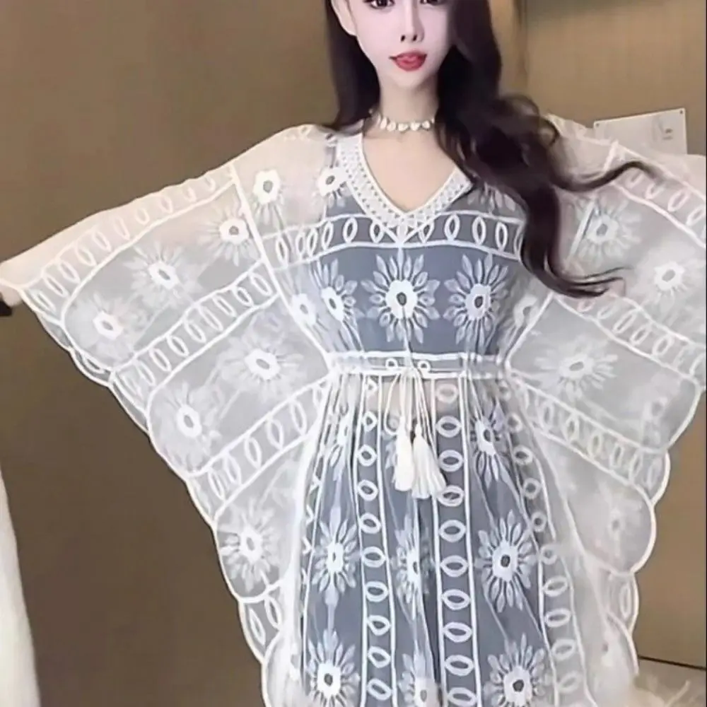 Mesh Flower Sun Protection Clothing Transparent Tassels Crochet T-shirt Women Lace Up Bohemian Style Cover Up Crop Top Beachwear