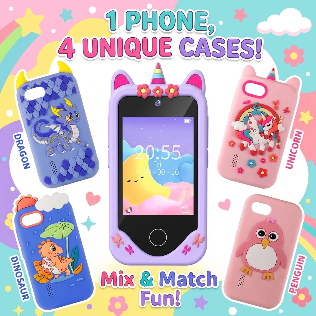 Câmera de Smartphone Infantil para Crianças, Brinquedos com Tela Sensível ao Toque, Celular Unicórnio, Reprodutor MP3, Câmera Digital, Brinquedos Educativos para Meninas e Meninos de 3 a 8 Anos