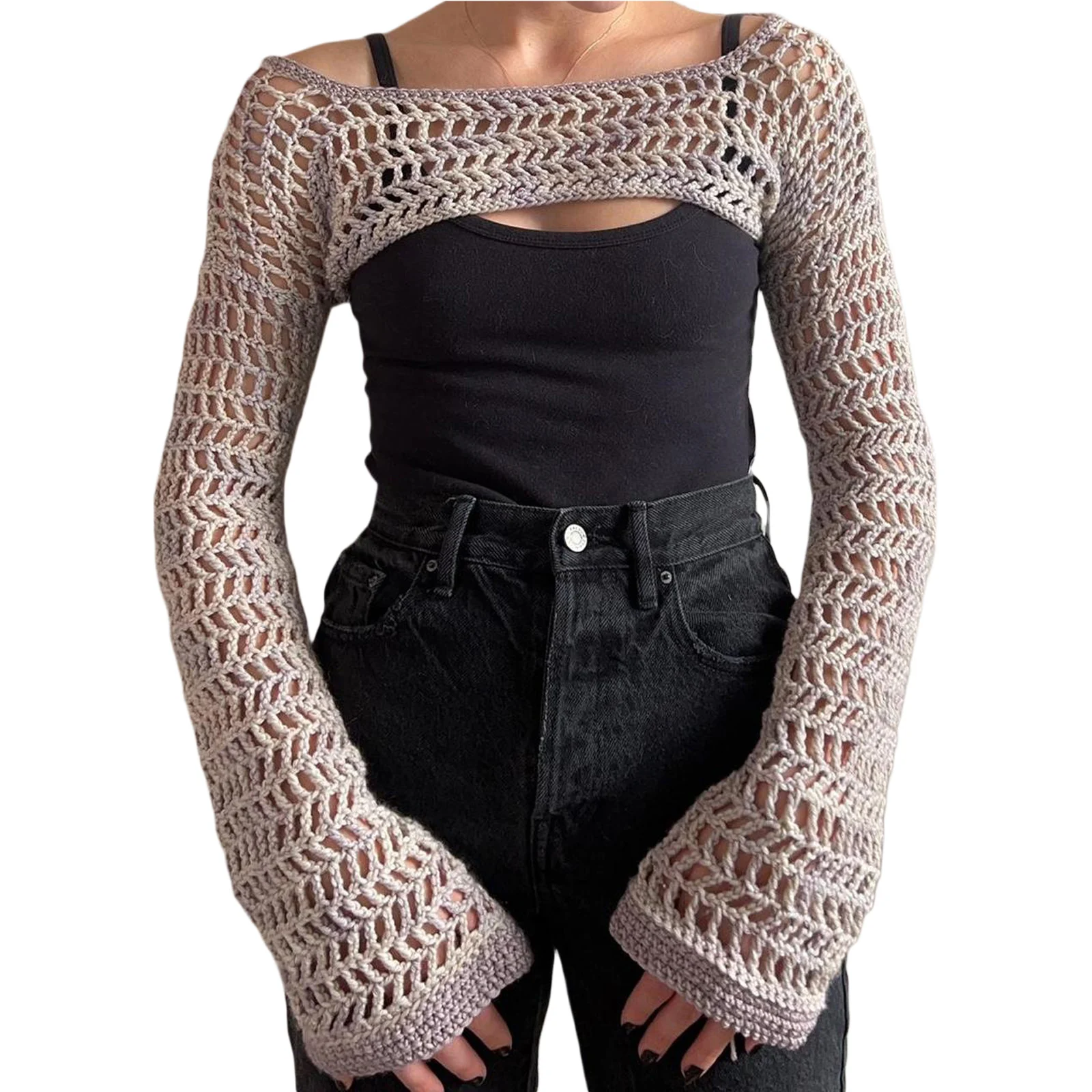 2024 Women's Y2K Crochet Shrug Long Sleeve Open Front Bolero Shrug Cropped Cardigan Sweater Casual Knitted Cover-Ups Crop Tops