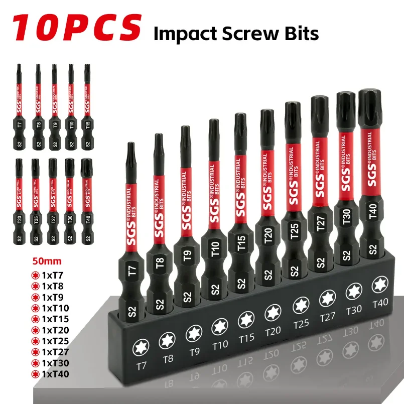 

10-Piece Set of Strong Magnetic Anti-Slip Torx Solid and Hollow 50mm Screwdriver Bits, High Hardness Screwdriver Heads