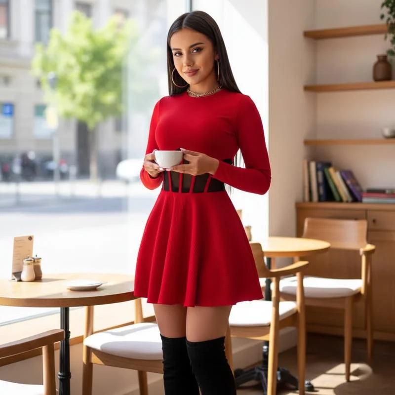 

Elegant Women A Line Mini Dress With Long Sleeves Mesh Panel Waist Detail For Party Club Street Style Slim Fit Chic Casual Wear