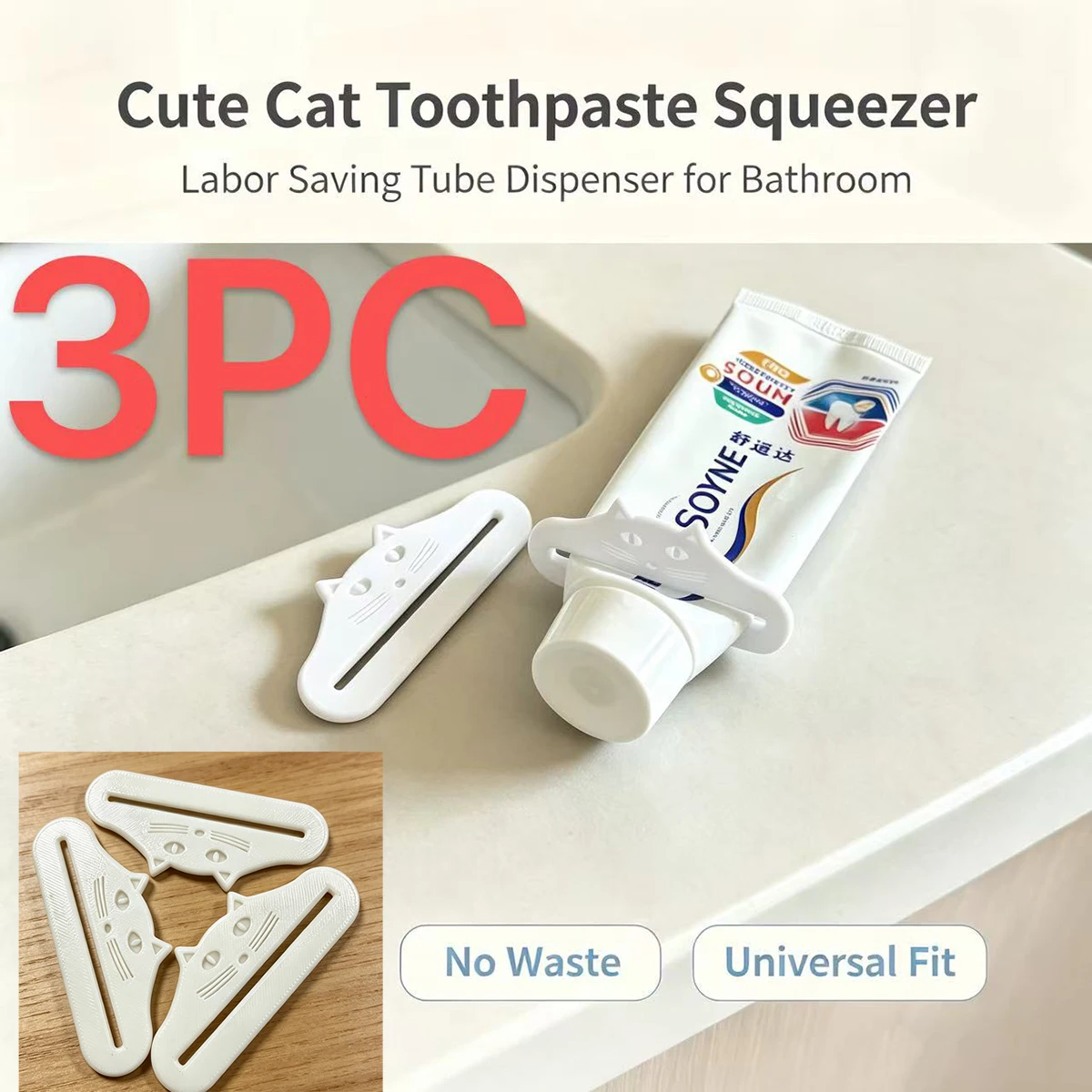 Cartoon Cat Toothpaste Squeezer, White Simple Design That Doesn'T Damage the Toothpaste Tube, Squeezing Clip for Bathroom Sink, Prevents Waste of Toothpaste, Labor-Saving Storage Tool, Three-Piece Set