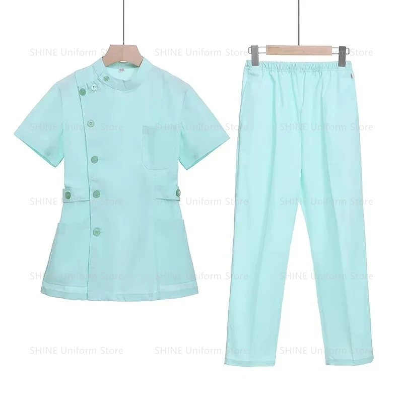 Rosa curto esfrega conjunto enfermeira médico uniforme médico feminino outwear enfermagem terno de duas peças salão de beleza hospital vestido logotipo