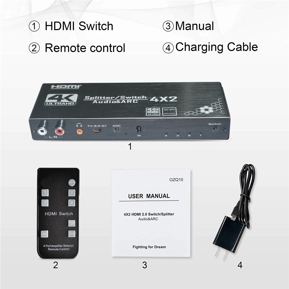 2025 4K HDMI Switch 4x2 مع جهاز تحكم عن بعد بصري Toslink ومحوري 4 في 2 خارج HDMI Switch 4 Port Switch HDMI 2.0 لتلفزيون Apple PS4