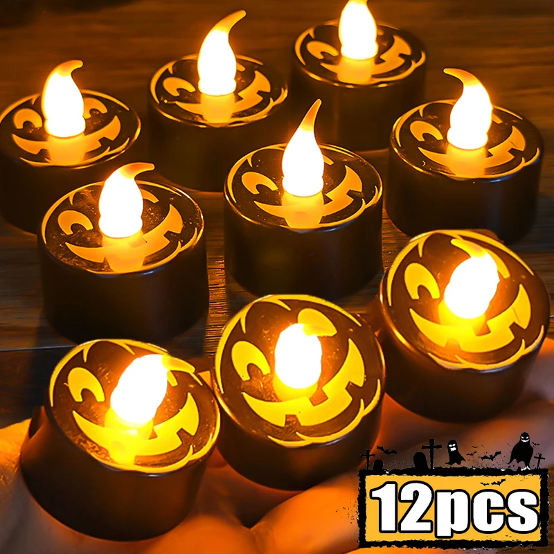 

12/6PCS Flameless LED Candles Light Battery Powered Pumpkin Electronic Candle Light Ornament for Halloween Home Party Decoration