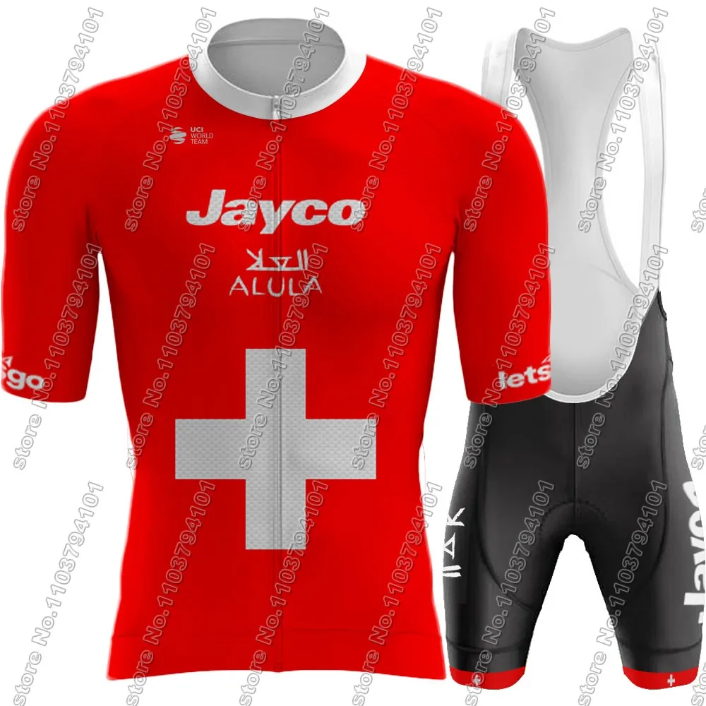 Jayco Alula Team Cycling Jersey 2024 Set Swiss Red Clothing Short Sleeve Bicycle Shirt Road Bike Suit MTB Wear Shorts MTBMaillot