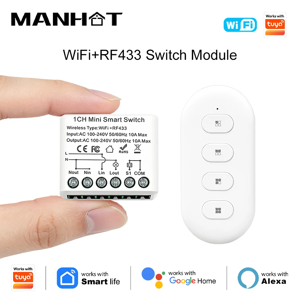 WiFi RF Wireless Smart Light Switch 433MHz 110V 220V Mini Relay Receiver Module Remote Control Work with Tuya Google Home Alexa