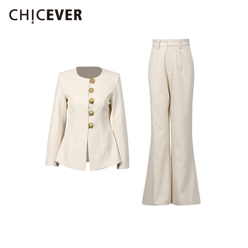 

CHICEVER Apricot Spliced Buttons Two Piece Set Female O Neck Long Sleeve Jacket Gentle Intellectual Women's Trousers Sets New