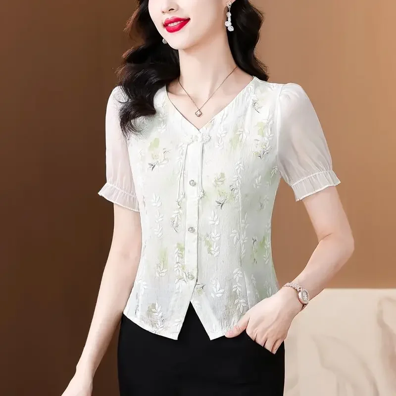 

Women's Clothing 2025 Summer New Loose Chic Tops Office Lady Blouses Elegant V-Neck Button Printed Gauze Puff Sleeve Shirts