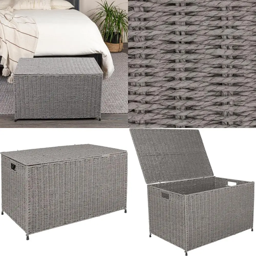 

Grey Woven Paper Rope Chest with Hinged Lid and Built-In Handles
