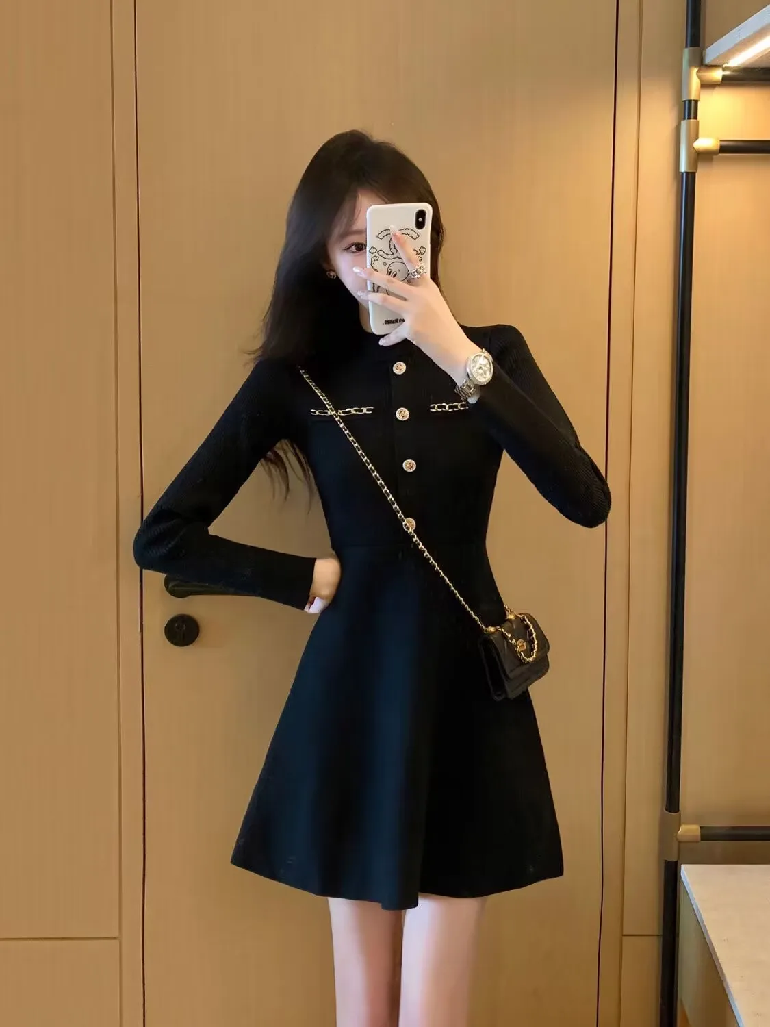 Women\'s Chic Elegant Black Party Knitted Dress, Autumn, Winter Fashion,Small Fragrant Style, Long Sleeve, Slim Basic Short Dress