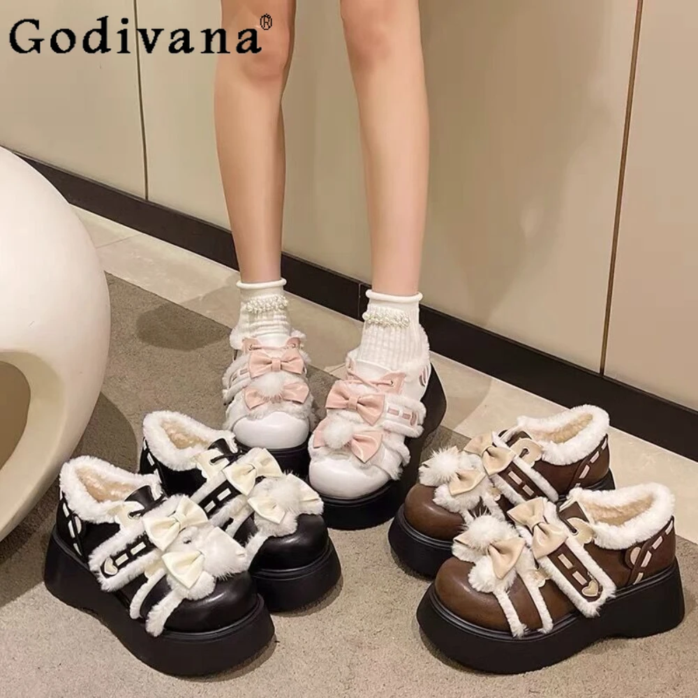 

Winter Velvet Lolita Single Shoes 2024 Japanese Cute Leather Shoes Snow Boots platform Women's Boot