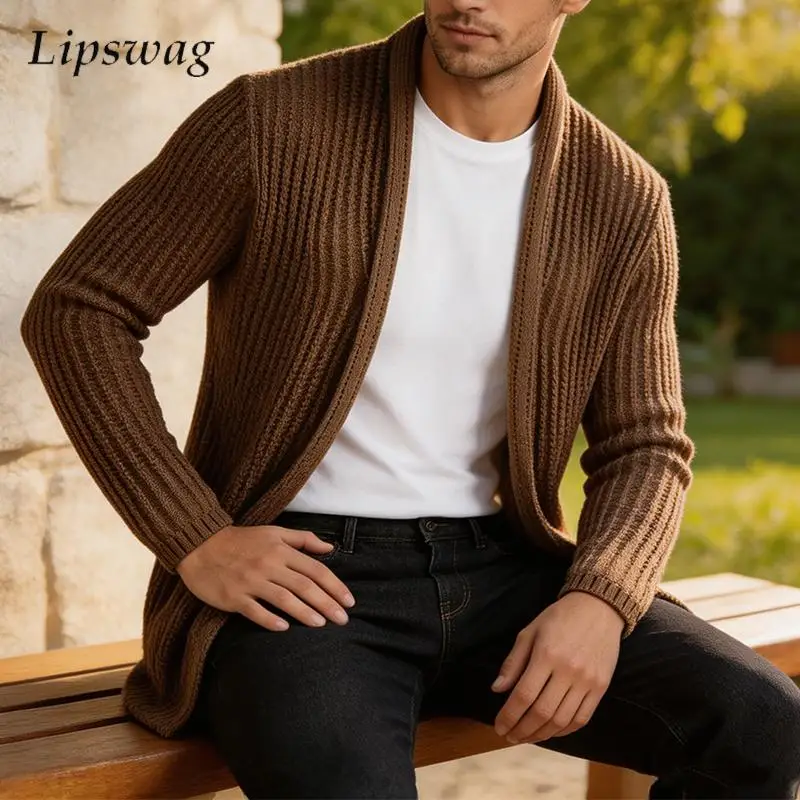 Daily Casual V‑Neck Mid‑Length Knit Cardigan Mens Loose Fit Fall Winter Ribbed Texture Open Front Fashion Outerwear For Men