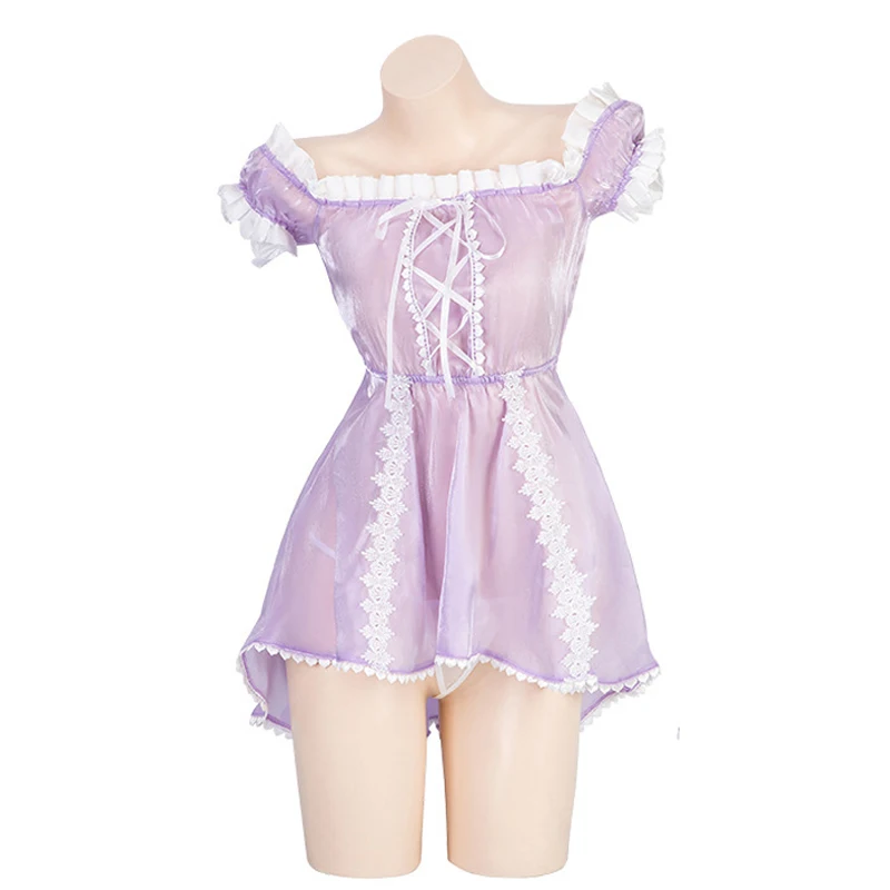 Anime Castle Princess Purple Puff Sleeve Dress Uniform Costumes Women Off Shoulder Nightdress Pajamas Shiny Cute Outfit Cosplay