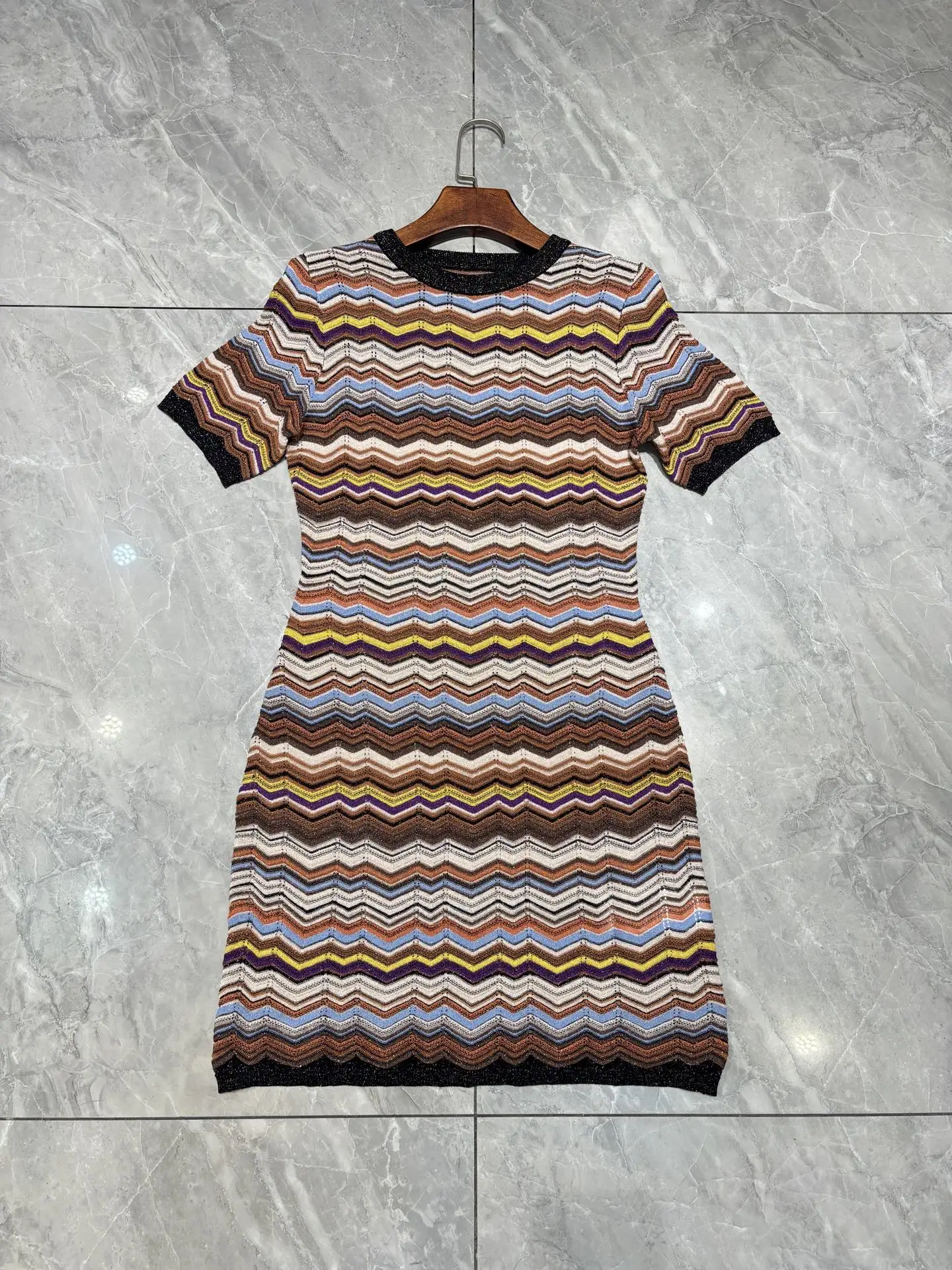 Summer Fashion Vintage Zigzag Pattern Knitting Knee-Length Pencil Dress Women's O-Neck Short Sleeve Slim Buttock Covering Dress